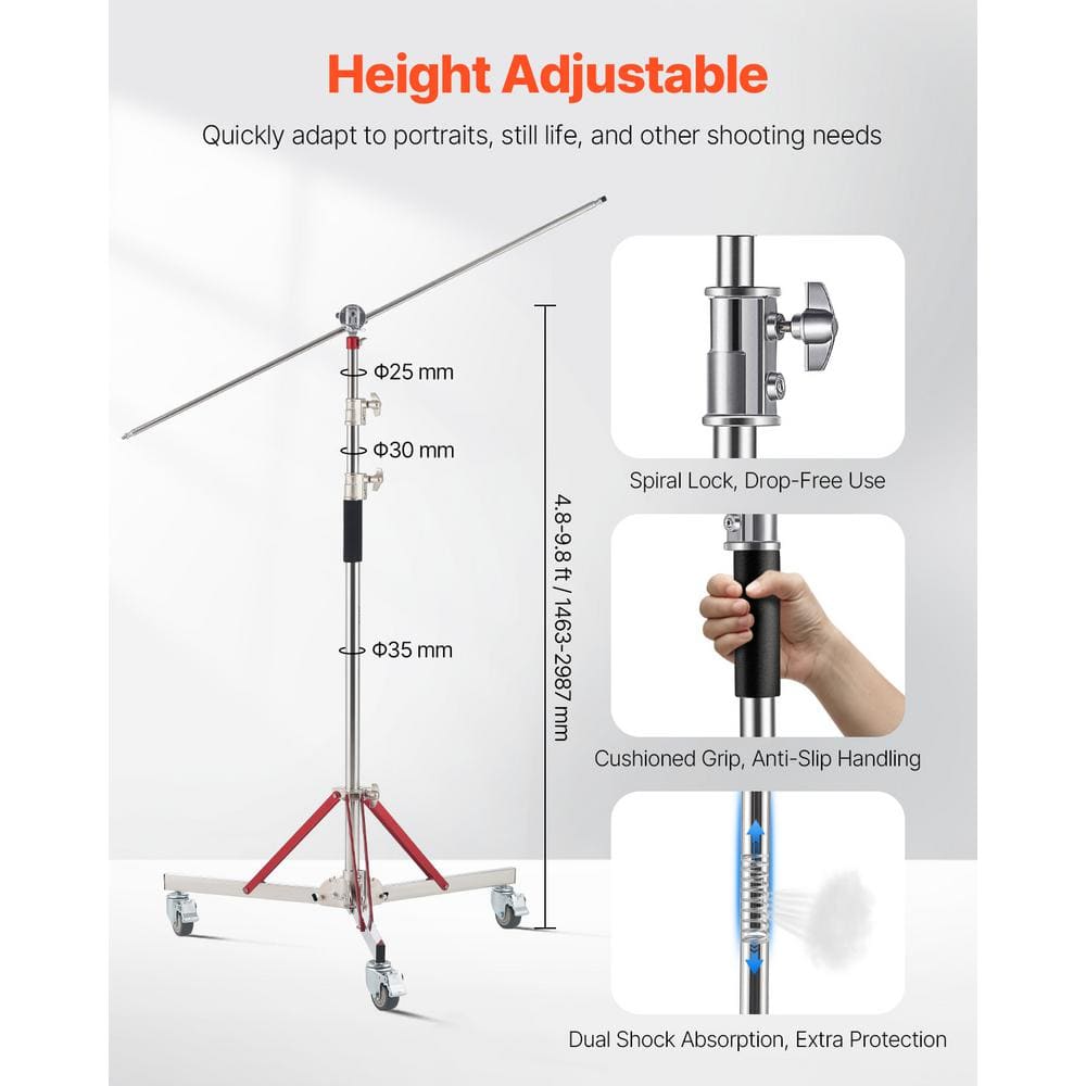 Heavy Duty Adjustable Stainless Steel Photography Light Stand with Casters