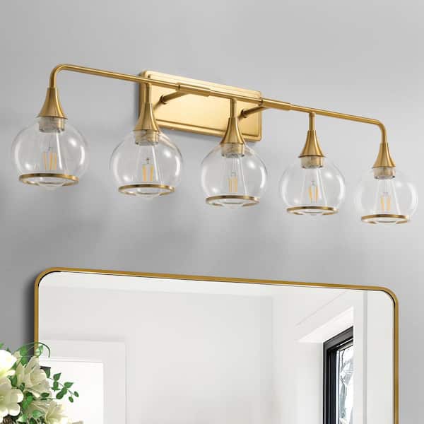 KAISITE 39 in. 5-Light Gold Bathroom Vanity Light with Clear Globe Glass Shades