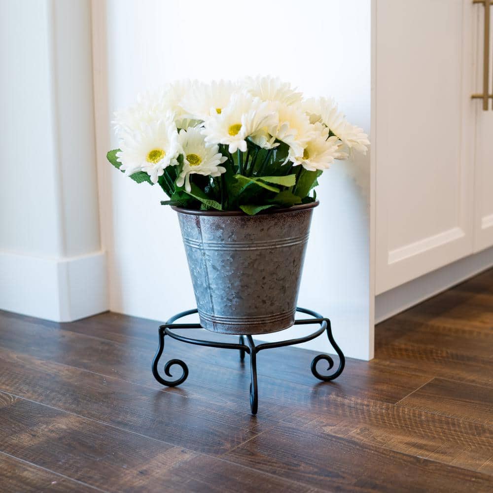 Black Wrought Iron Circular Plant Stand with Scroll Legs