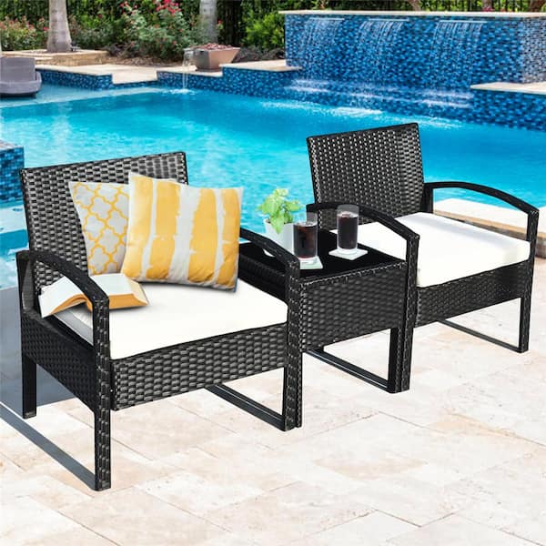 3-Piece Wicker Rattan Patio Conversation Set Table and Chairs Set with White Cushions