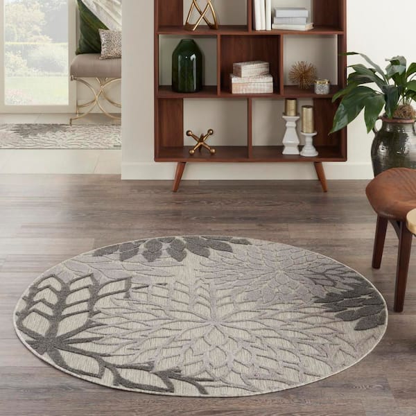 Aloha Gray 4 ft. x 4 ft. Round Floral Modern Indoor/Outdoor Patio Area Rug