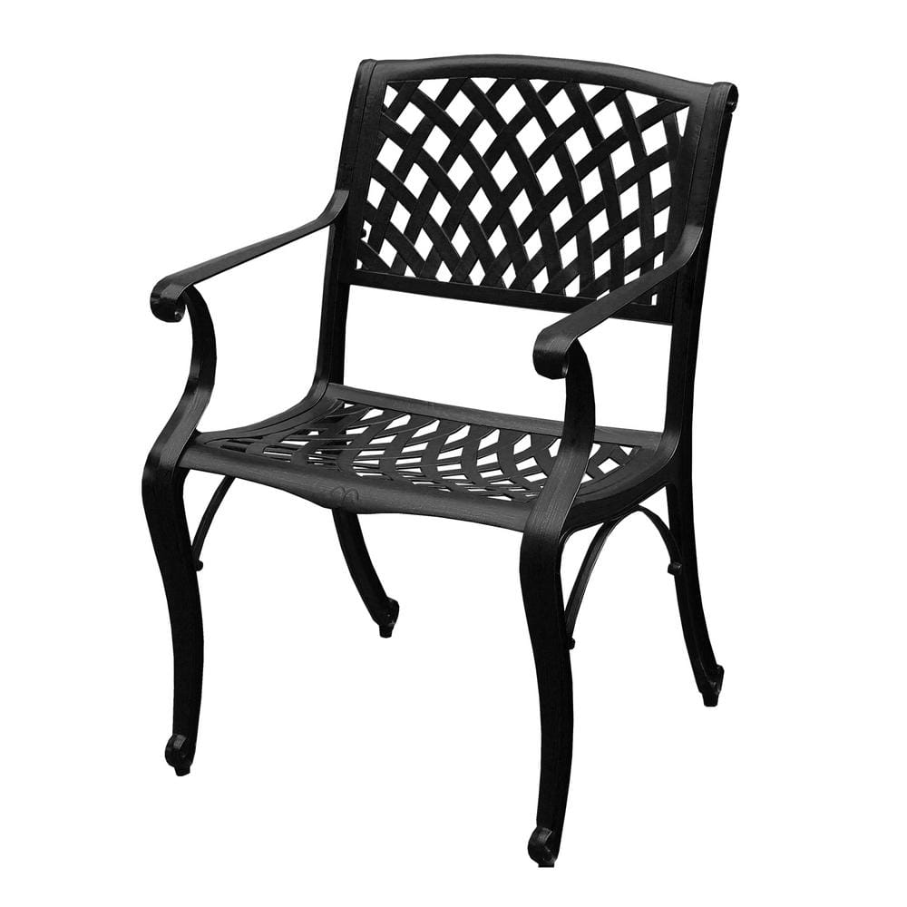 Black outdoor dining chair with curved backrest and armrests.