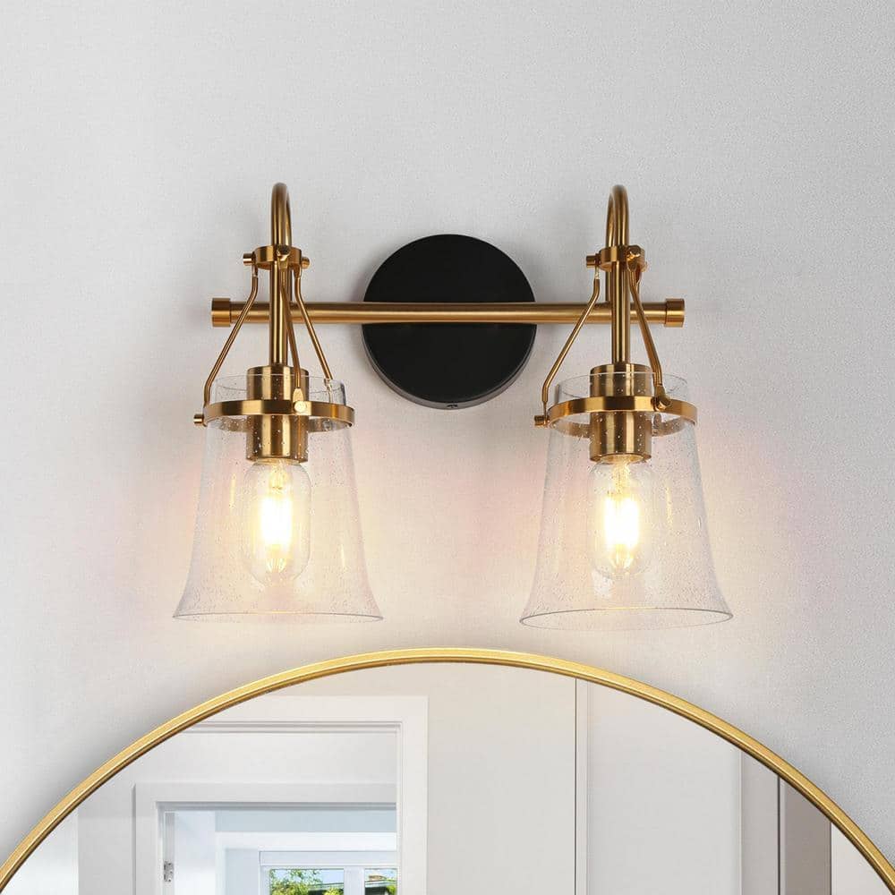 Auisre Transitional 14 in. 2-Light Black and Plated Brass Bath Vanity Light with Bell Seeded Glass Shades Modern Sconce price history on PriceWatchPro