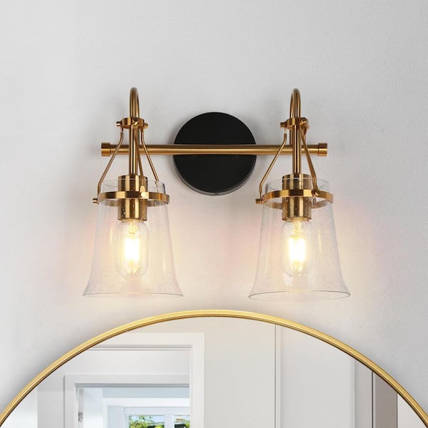 LNC Modern 14 in. 2-Light Black and Brass Vanity Light with Bell Seeded Glass Shades