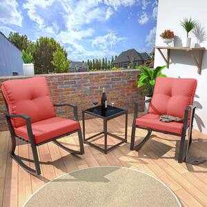 3 Piece Metal Outdoor Bistro Sets,Patio Bistro Sets,Outdoor Rocking Chairs with Coffee Table & 2 Red Thickened Cushions