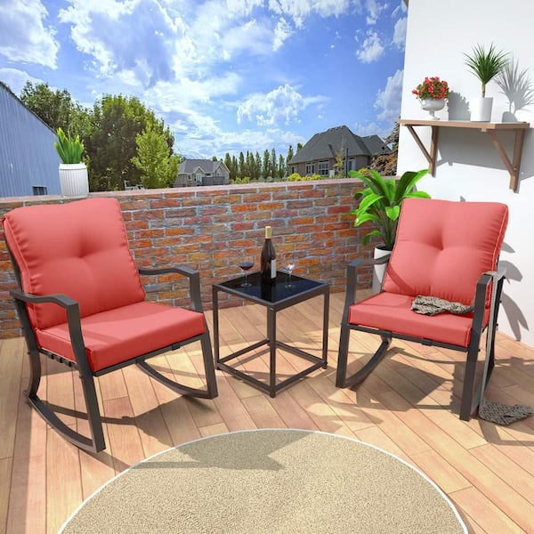 Unbranded 3 Piece Metal Outdoor Bistro Sets,Patio Bistro Sets,Outdoor Rocking Chairs with Coffee Table & 2 Red Thickened Cushions