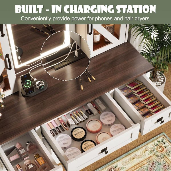 2-Piece Beige Makeup Vanity Set with Light Mirror and Storage Stool, Dressing Table with Sliding Barn Door JJ-N704P328548A - The Home Depot 2-Piece Beige Makeup Vanity Set with Light Mirror and Storage Stool, Dressing Table with Sliding Barn Door JJ-N704P328548A - The Home Depot