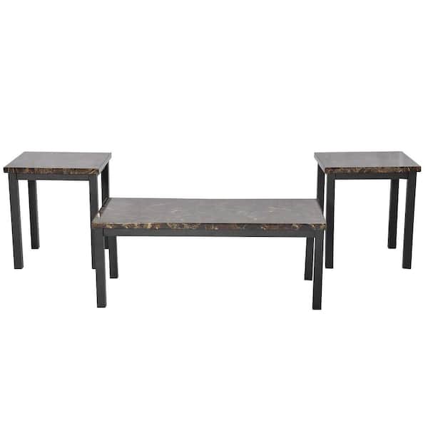 FORCLOVER 3-Piece 42.1 in. Brown Rectangle MDF Faux Marble Top Coffee Table Set