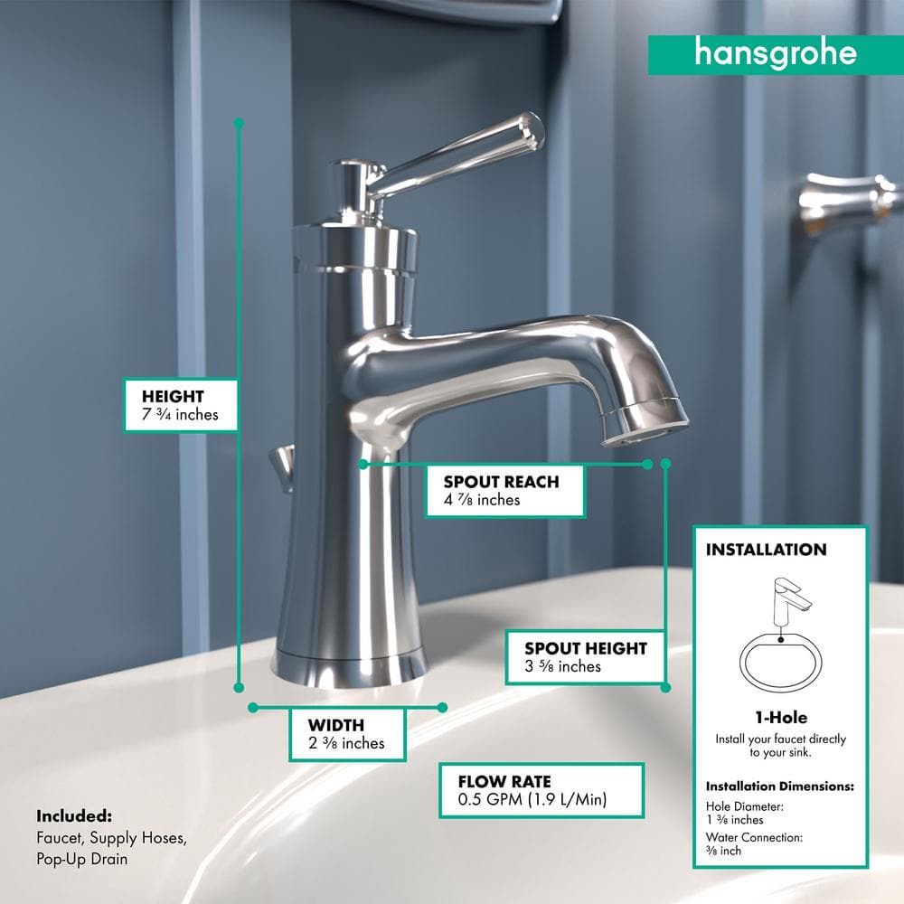 Joleena Chrome Transitional 7.8" Single-Hole Bathroom Faucet with Pop-Up Drain