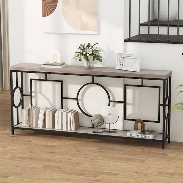 HONEY JOY 71 in. Brown Rectangle Wood Top 2-Tier Console Table Extra-Long Sofa Table with Storage Shelf Geometric Frame