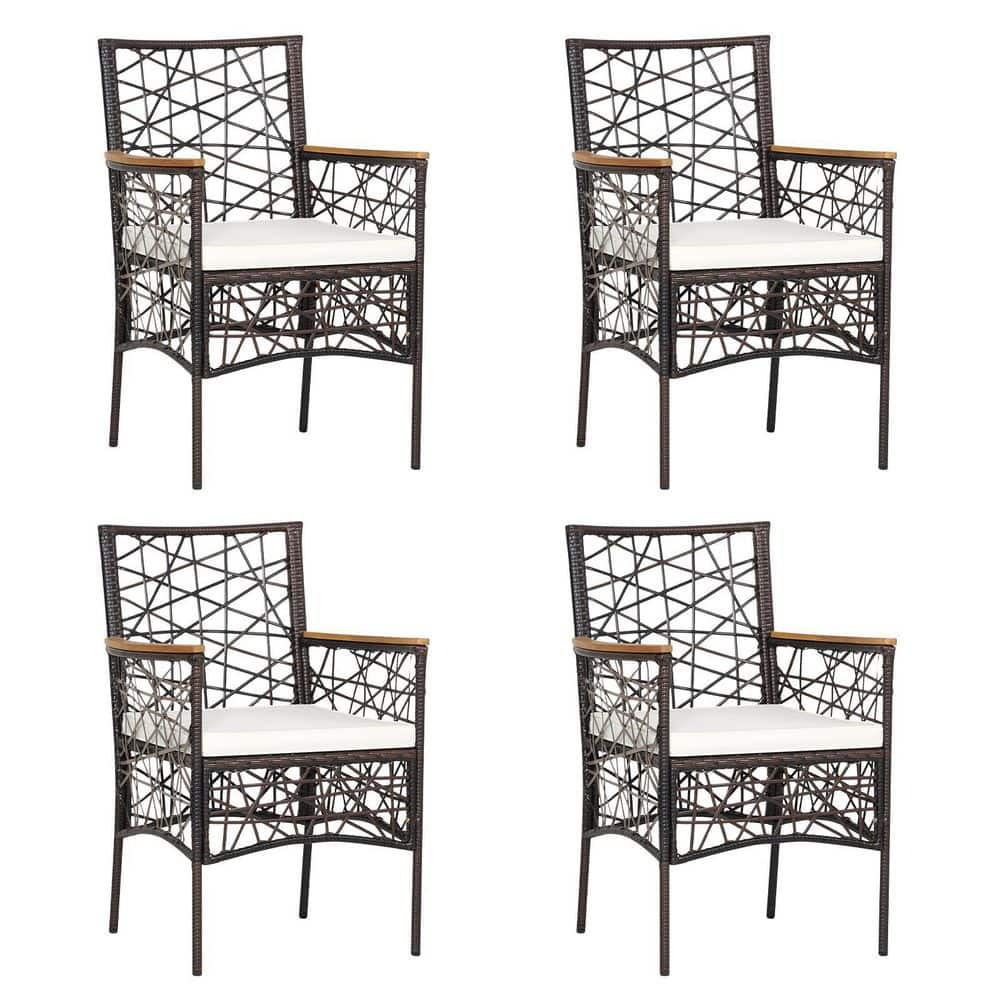 Honey Joy Wicker Outdoor Dining Chairs Patio Rattan Armchairs With White Cushions And Acacia