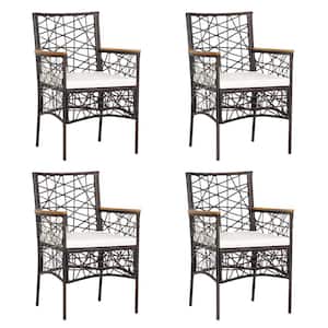 Wicker Outdoor Dining Chairs Patio Rattan Armchairs with White Cushions and Acacia Wood Armrests (Set of 4)