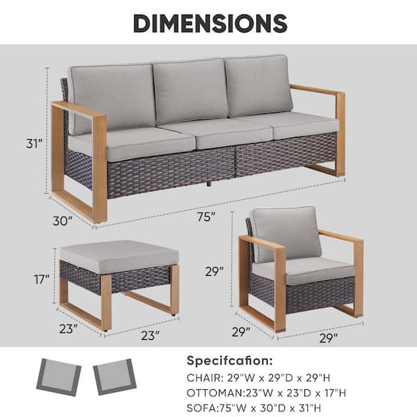 Cube Edge 5-Piece Brown Wicker Patio Conversation Set with Olefin Gray Cushions and Couch/ Porch Furniture Sets