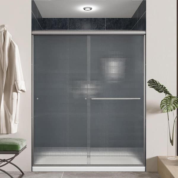 FORCLOVER 60 in. W x 72 in. H Sliding Semi-Frameless Shower Door in Brushed Nickel Finish with Frosted Glass