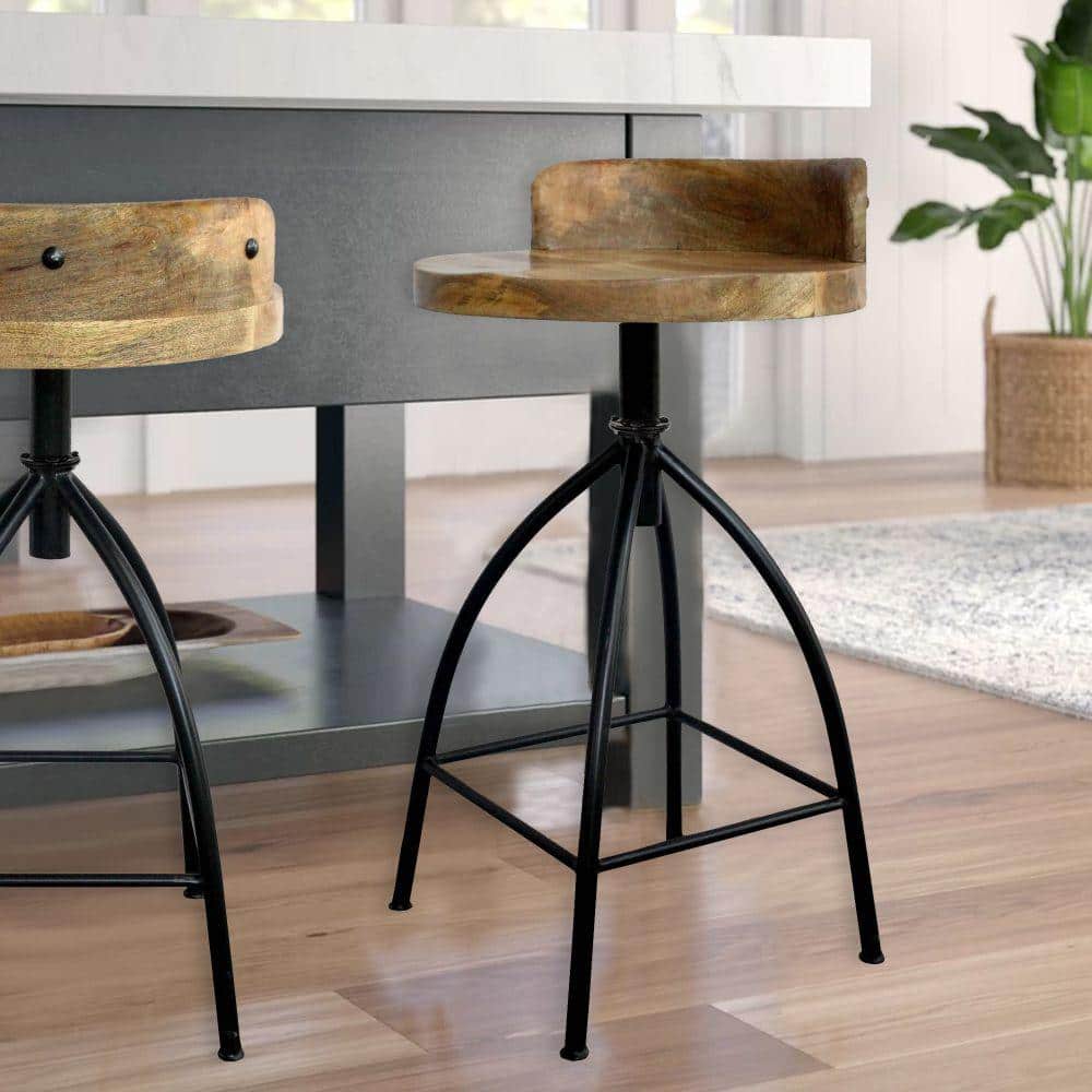 Adjustable Brown Mango Wood and Black Iron Swivel Bar Stool