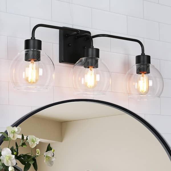 24.5 in. 3-Light Industrial Matte Black Bathroom Vanity Light, Modern Bath Lighting, Clear Globe Shade Wall Sconce