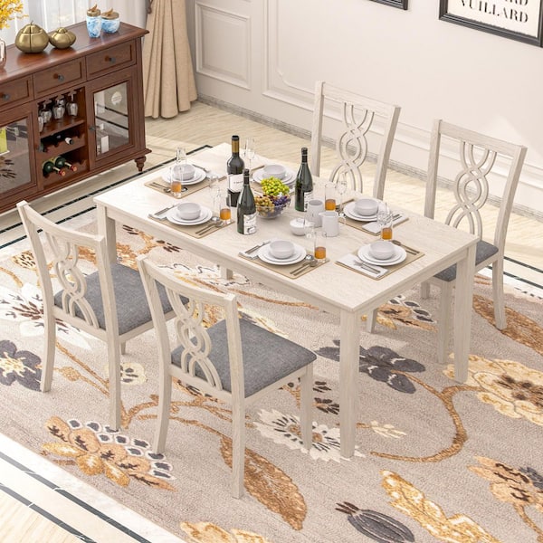 VECELO 5-Piece Wood Top Gray Dining Table Set with Infinity Back Chairs and Upholstered Seats Farmhouse Kitchen Table Set for 4