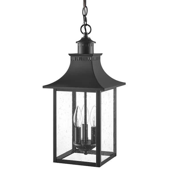 Hampton Bay Edgehill 19.13 in. 3-Light Matte Black Outdoor Hanging Light Pendant Light with Clear Seeded Glass Shade
