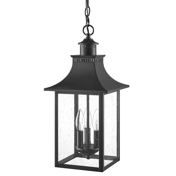 Hampton Bay Edgehill 19.13 in. 3-Light Matte Black Outdoor Pendant Light with Clear Seeded Glass Shade