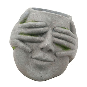9.84 in. Gray Resin Human Head Planter with Hands on Eyes