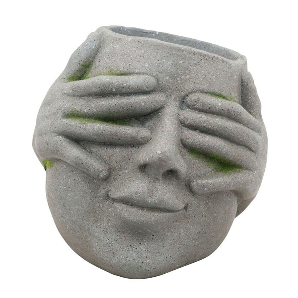 Benjara 9.84 in. Gray Resin Human Head Planter with Hands on Eyes