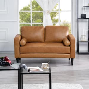 Mid-Century Genuine Leather 2-Seat Loveseat Sleeper, Tan Small Sectional Sofa Bed for Living Room or Bedroom