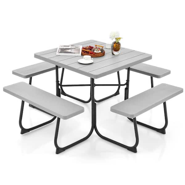 HONEY JOY 67 in. Grey Square Steel Outdoor Picnic Table Bench Set 8-person with 4 Benches and Umbrella Hole 500 lbs. Capacity