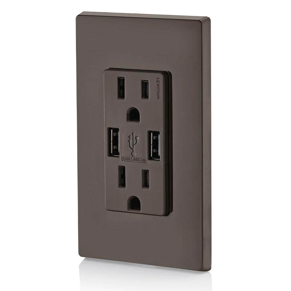 Brown 15A Duplex Receptacle with 2-Port USB Charger