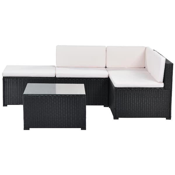 Unbranded Black 5-Pieces Wicker Outdoor Sectional Set Patio Conversation Sets Sofa Set with Beige Cushions and Coffee Table
