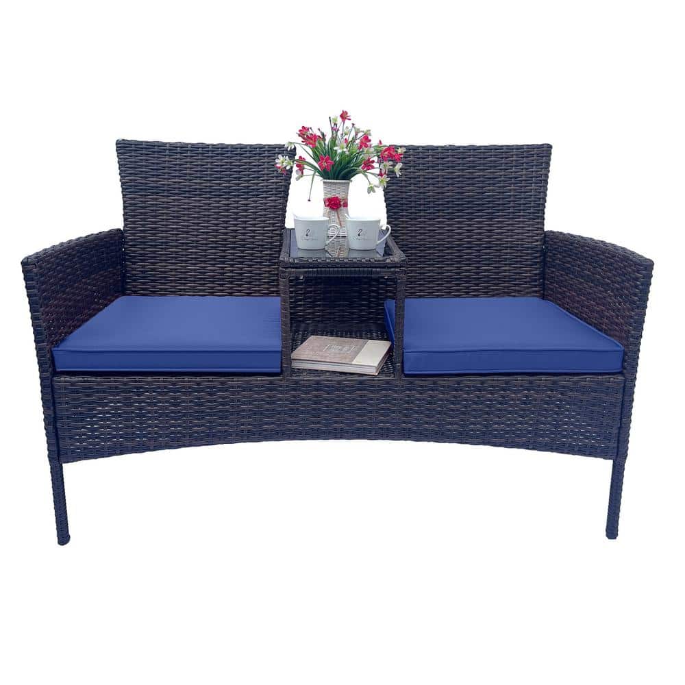 Wicker Patio Conversation Set, Modern Rattan Bench with Blue Removable Cush