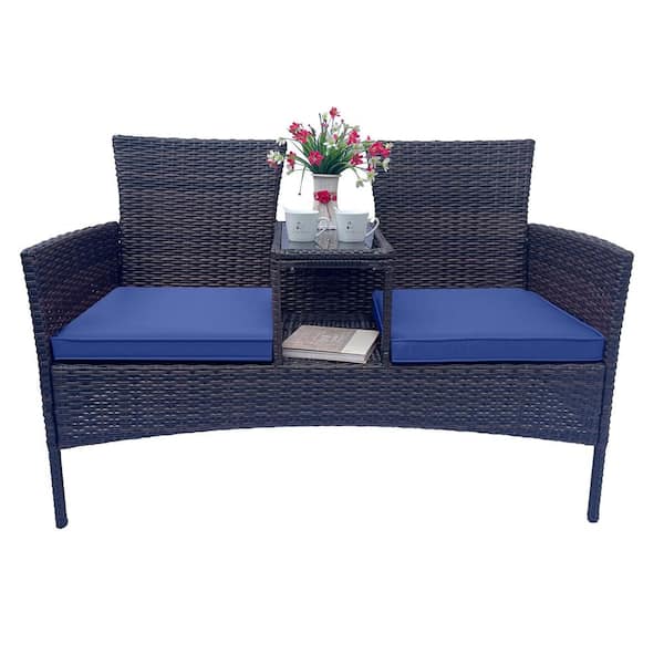 Unbranded Wicker Patio Conversation Set, Modern Rattan Bench with Blue Removable Cushions & Side Table for Garden, Lawn, Backyard