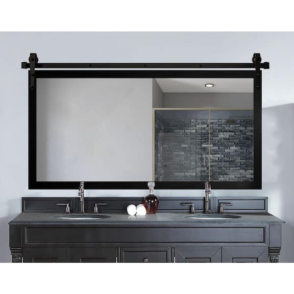 (57 in. W x 30 in. H) Satin Black Accent Mirror with Steel Barn Door Rail