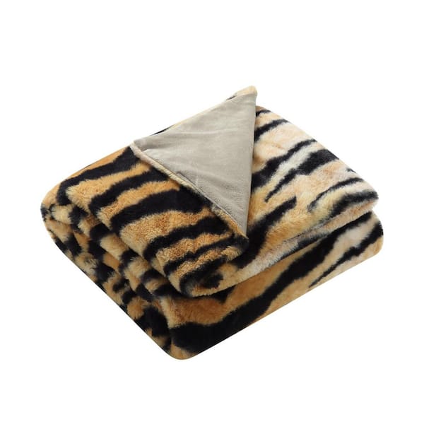 HomeRoots Orange and Black Tiger Print Faux Fur Plush Throw Blanket