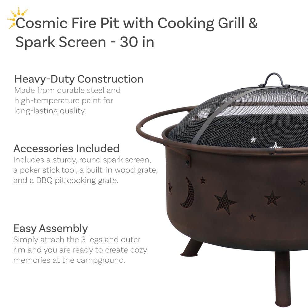 Bronze 30" Round Wood-Burning Steel Fire Pit with Cooking Grate