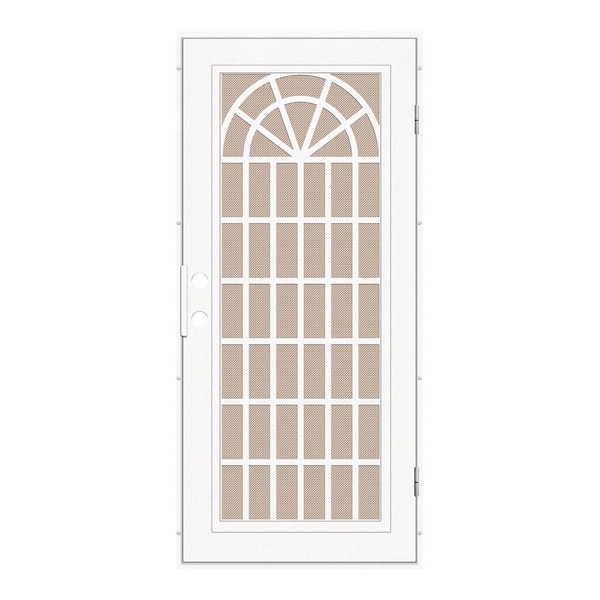Unique Home Designs Trellis 30 in. x 80 in. Left Hand/Outswing White Aluminum Security Door with Desert Sand Perforated Metal Screen