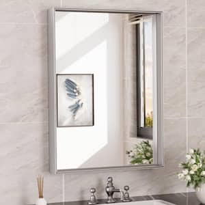 22 in. W x 30 in. H Rectangular Framed Aluminum Square Corner Wall Mount Bathroom Vanity Mirror in Brushed Nickel