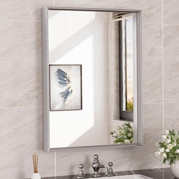 KeonJinn 22 in. W x 30 in. H Rectangular Framed Aluminum Square Corner Wall Mount Bathroom Vanity Mirror in Brushed Nickel