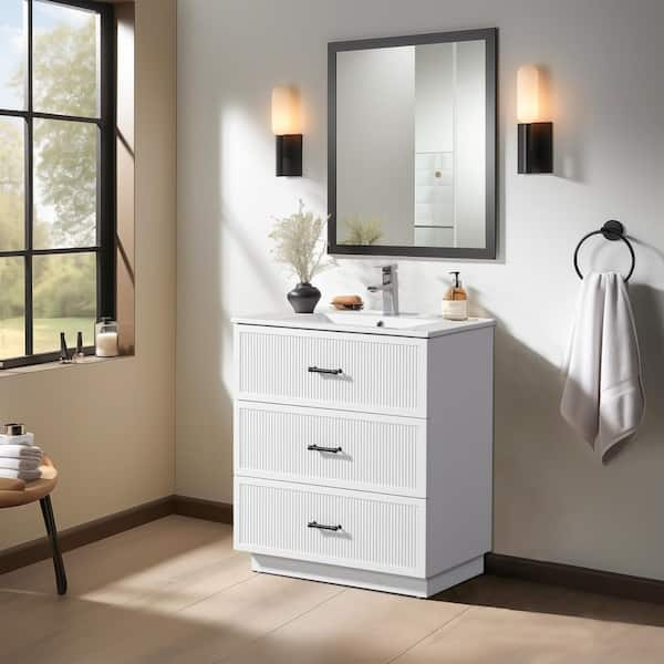 18.25 in. W x 29.75 in. D x 34.13 in. H 1 Sink Freestanding Bath Vanity in White with White Ceramic Top and 3 Drawers