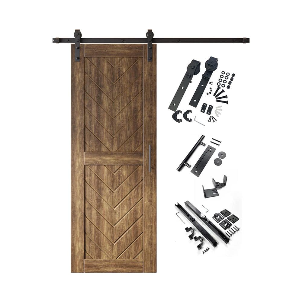 JT3 30 in. x 80 in. C-Panel Dark Walnut Fishbone Design Solid Pine Wood Sliding Barn Door with Hardware Kit price history on PriceWatchPro
