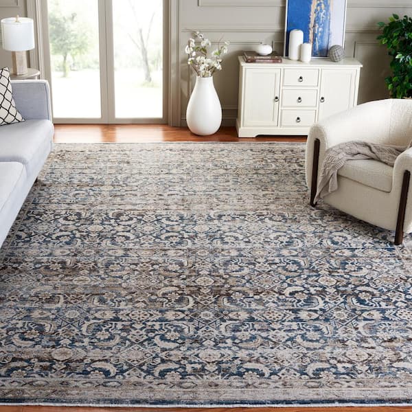 Antique Patina Blue/Beige  9 ft. x 12 ft. Distressed Border Ornate Area Rug