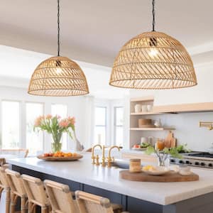 Summerdale 22 in. 1-Light Natural Rattan Pendant Light with Black Canopy