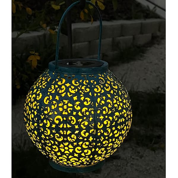 Teal Blue Metal Solar Big Lantern Hanging Garden Outdoor