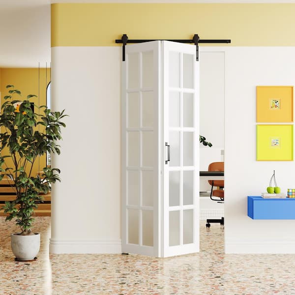 42 in. x 84 in. White, 10 Lite, Frosted Glass, Finished, MDF, Bi-Fold Style Sliding Barn Door with Hardware Kit