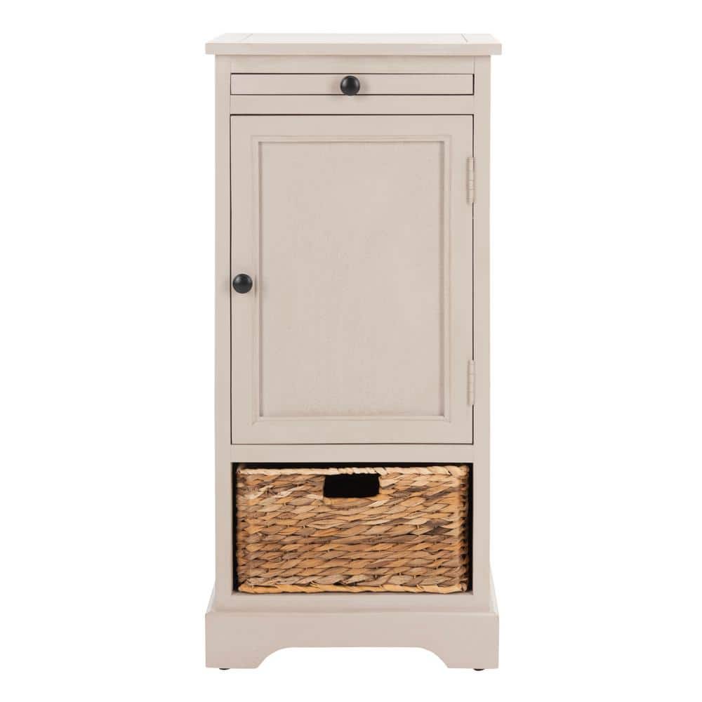 Transitional Vintage Grey Pine Storage Unit with Woven Basket