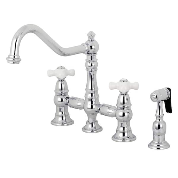 Kingston Brass Restoration 2-Handle Bridge Kitchen Faucet with Side Sprayer in Polished Chrome