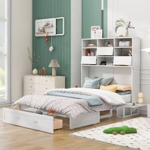 Versatile White Wood Frame Queen Size Murphy Bed with Bookcase, 2 Bedside Shelves and a Big Drawer