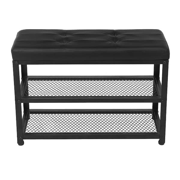 Winado 17.72 in. H x 27.56 in. W 6-Pair Black Metal Shoe Storage Bench with Cushioned Seat