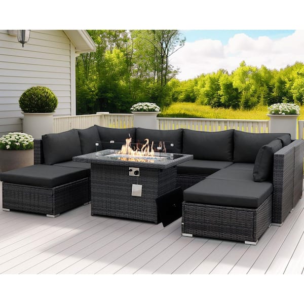 Large 9 -Piece Gray Wicker Patio Fire Pit Sectional Deep Seating Sofa Set with Dark Gray Cushions and Ottomans