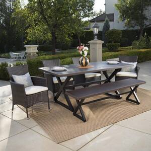 Owen Multi-Brown 6-Piece Faux Rattan and Metal Outdoor Patio Dining Set with Beige Cushions