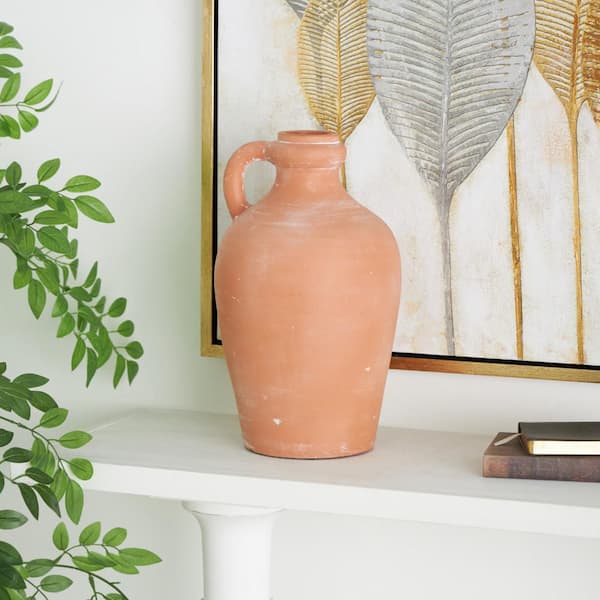 15 in. Orange Terracotta Jug Ceramic Decorative Vase with Handle